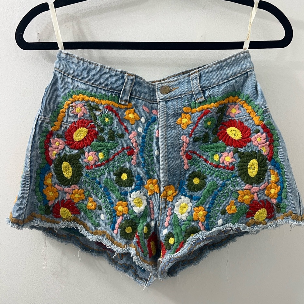 Farm Rio embroidered daisy dukes, denim shorts